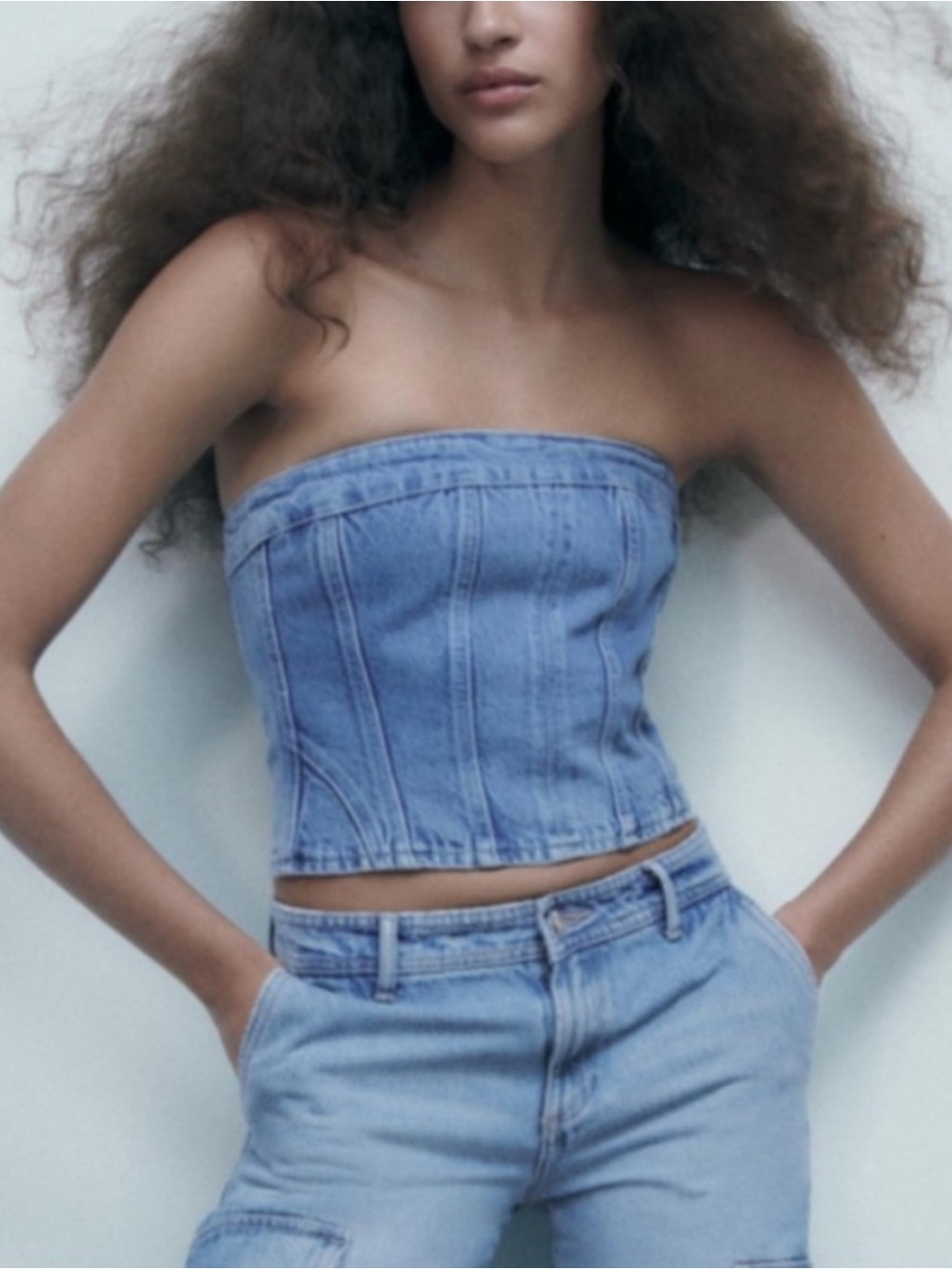 Zara light blue denim strapless top